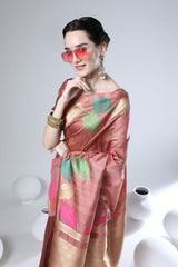 Peach Tussar Silk Weaving Saree