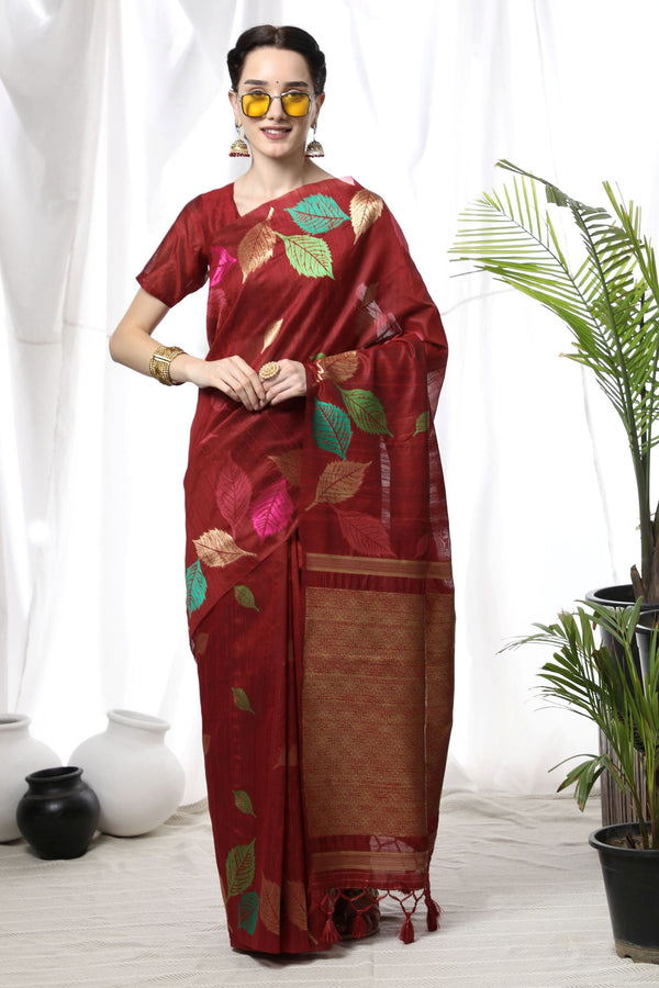 Raspberry Red Tussar Silk Weaving Saree