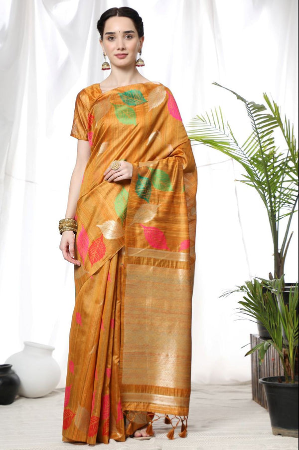 Honey Yellow Tussar Silk Weaving Saree