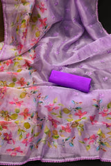 Purple Printed & Embroidered Organza Saree