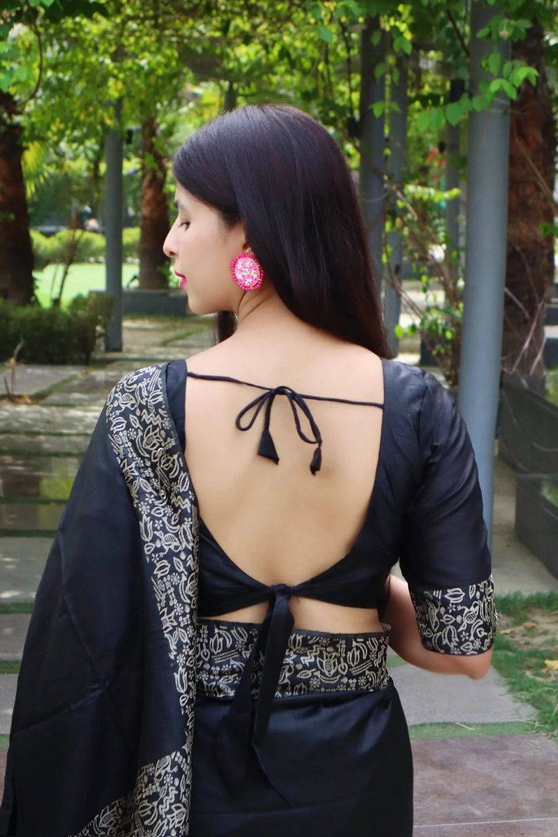 Ink Black Raw Silk Weaving Saree