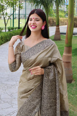 Stone Grey Raw Silk Weaving Saree