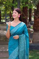Cyan Blue Raw Silk Weaving Saree