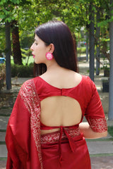 Apple Red Raw Silk Weaving Saree