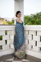Egyptian Blue Printed Tussar Silk Saree
