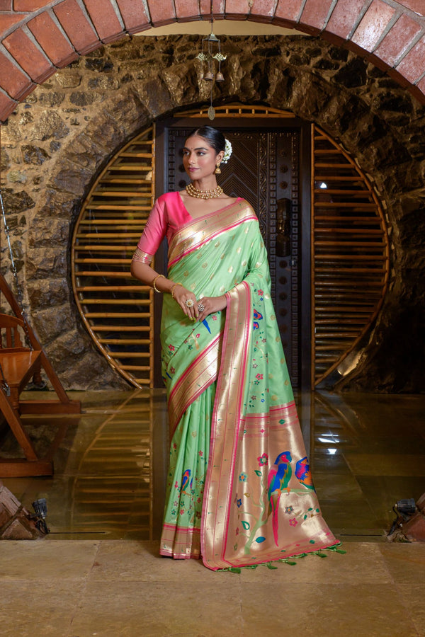 Pista Green Woven Paithani Silk Saree