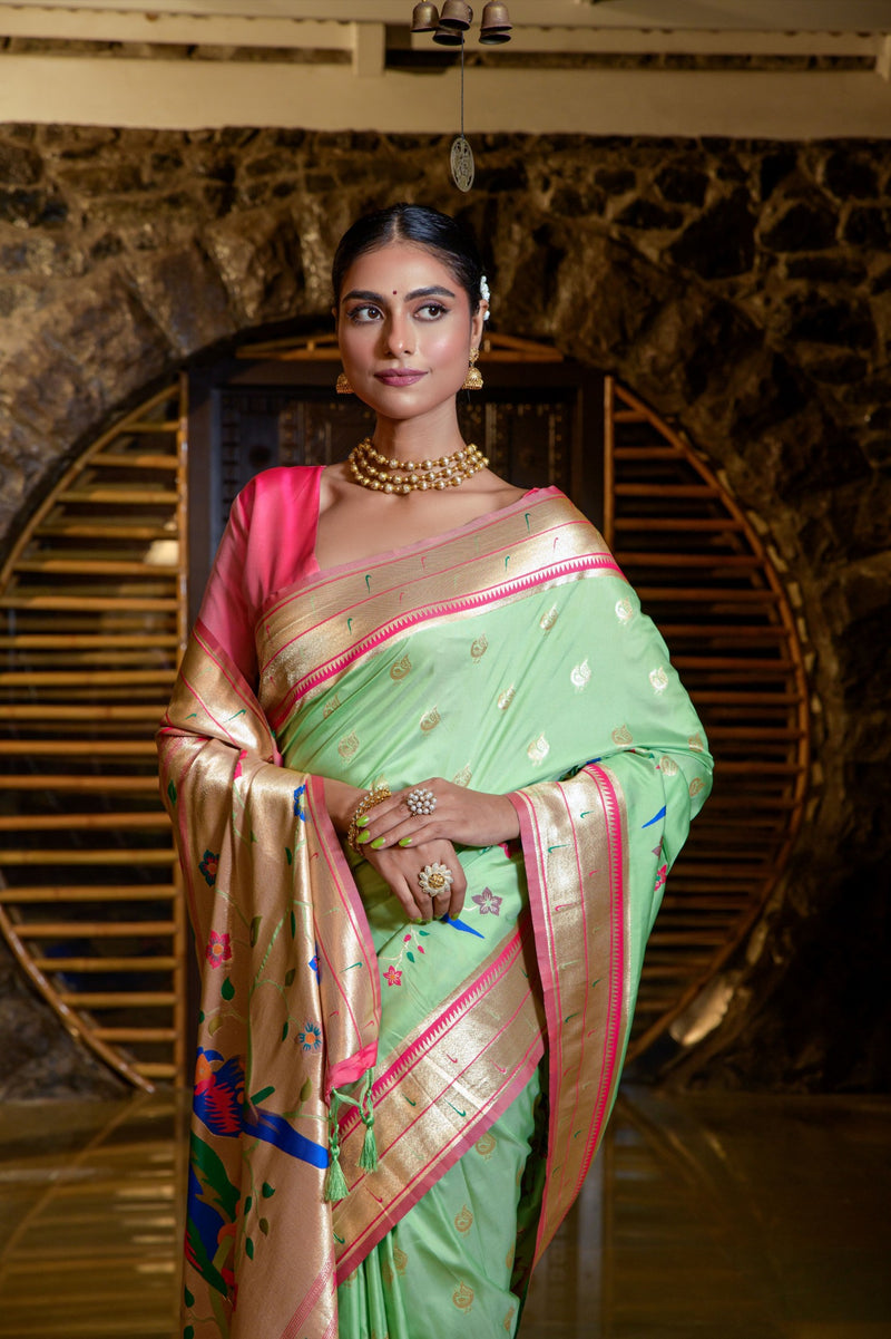 Pista Green Woven Paithani Silk Saree
