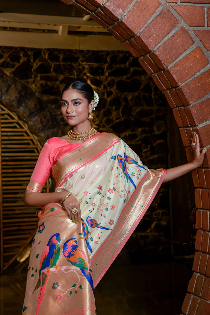 Cream Woven Paithani Silk Saree