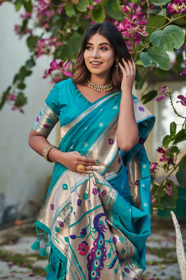 Daisy Blue Paithani Silk Saree