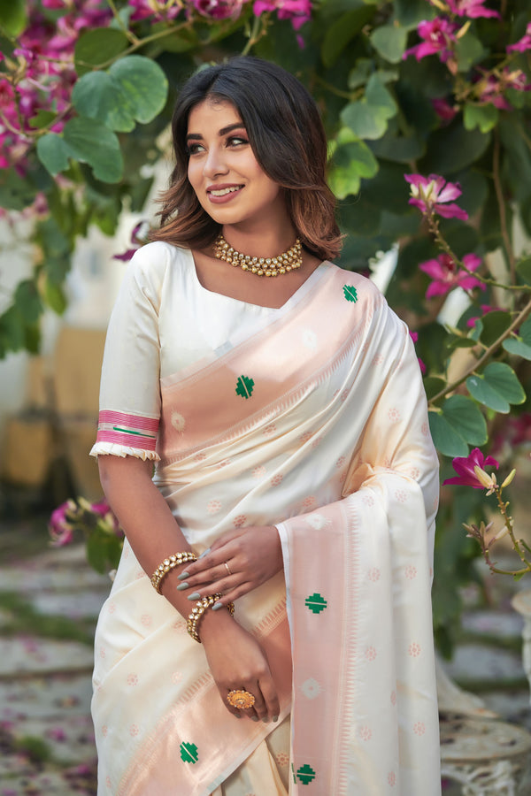 Daisy White Paithani Silk Saree