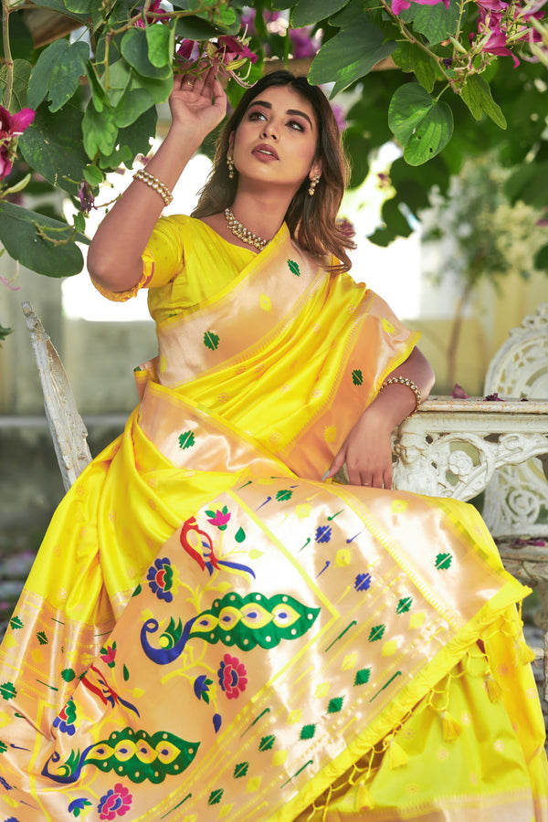 Bright Yellow Paithani Silk Saree