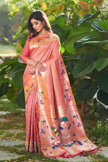 Coral Pink Paithani Silk Saree