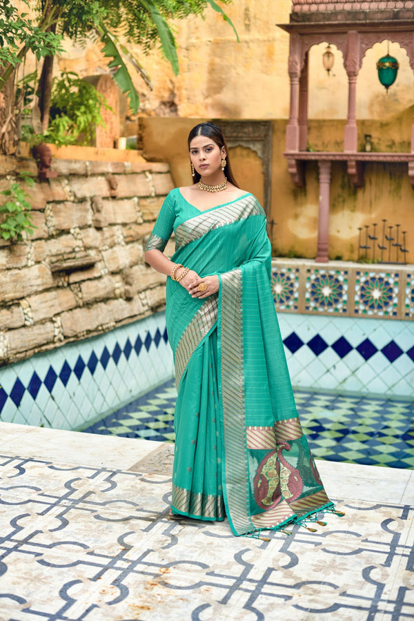 Teal Green Cotton Silk Saree With Organza Pallu