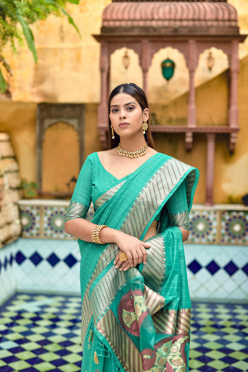 Teal Green Cotton Silk Saree With Organza Pallu