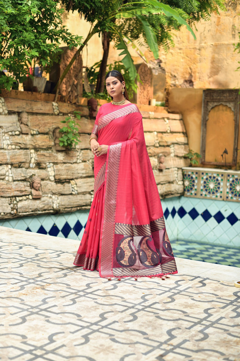Hot Pink Cotton Silk Saree With Organza Pallu