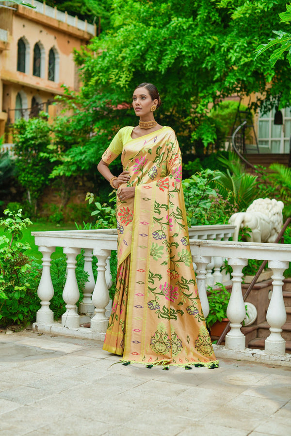 Lime Yellow Paithani Silk Saree