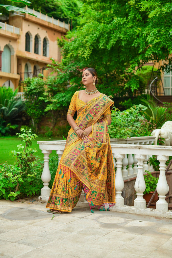 Yellow Kashmiri Weaving Silk Saree