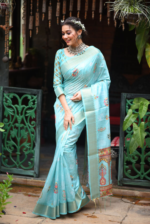 Sky Blue Soft Tussar Silk Kalamkari Printed Saree