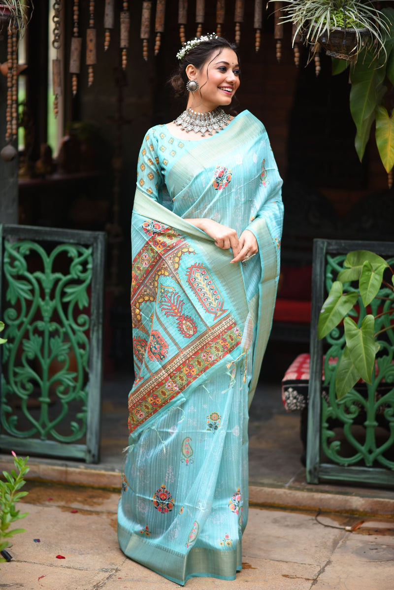 Sky Blue Soft Tussar Silk Kalamkari Printed Saree