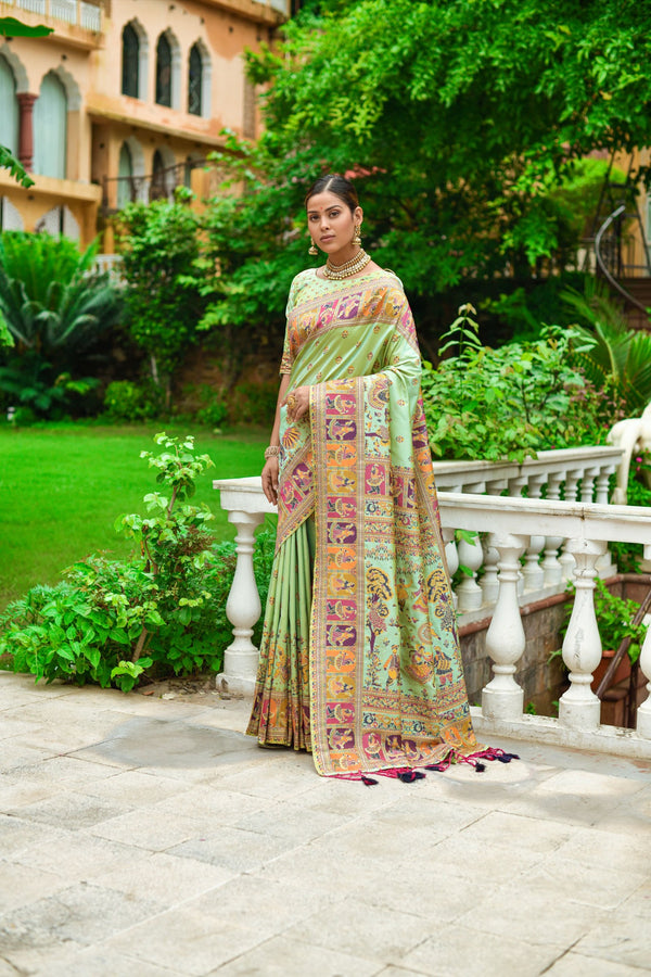Parrot Green Kashmiri Weaving Silk Saree
