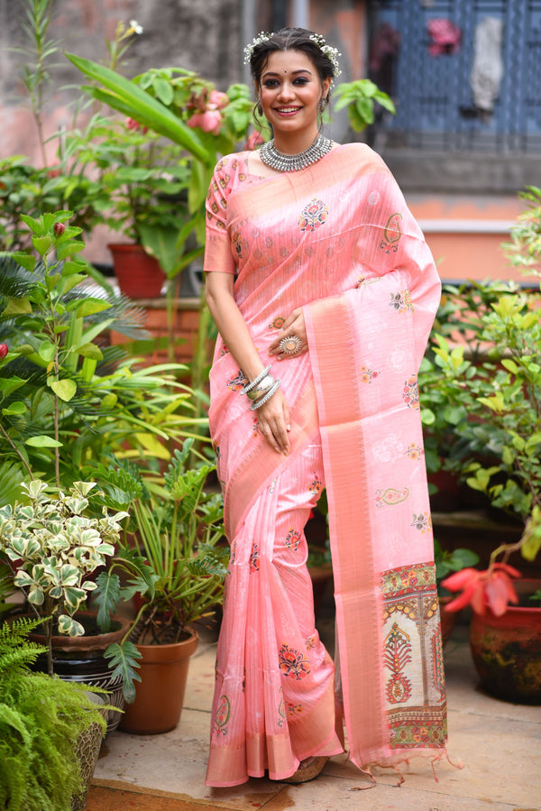 Flamingo Pink Soft Tussar Silk Kalamkari Printed Saree
