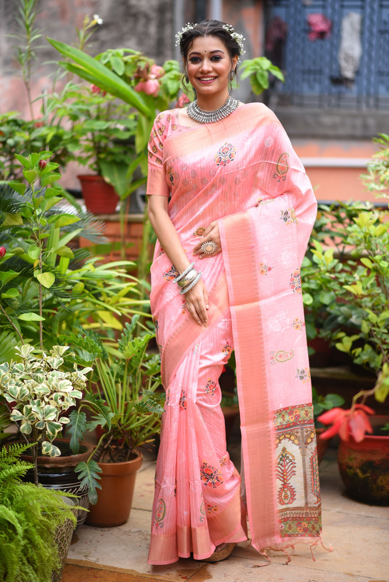 Flamingo Pink Soft Tussar Silk Kalamkari Printed Saree
