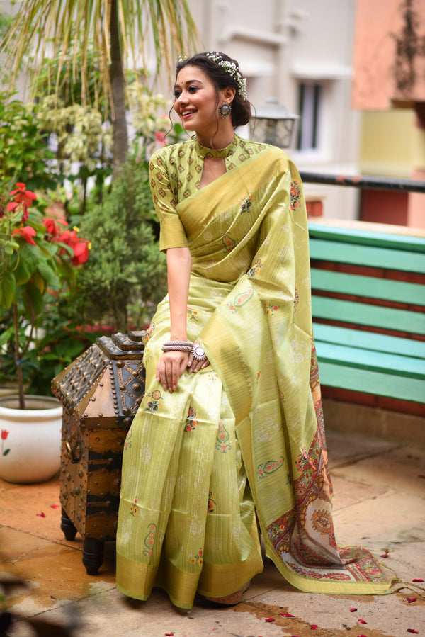 Lime Green Soft Tussar Silk Kalamkari Printed Saree