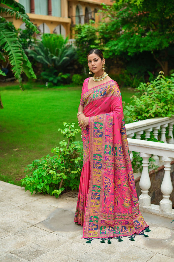 Ruby Pink Kashmiri Weaving Silk Saree