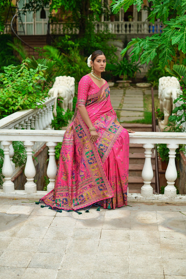 Ruby Pink Kashmiri Weaving Silk Saree