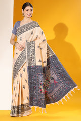 Tan Cream Woven Handloom Silk Saree