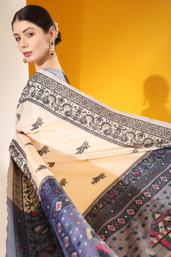 Tan Cream Woven Handloom Silk Saree