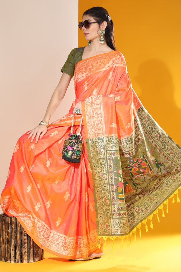 Tiger Orange Woven Handloom Silk Saree