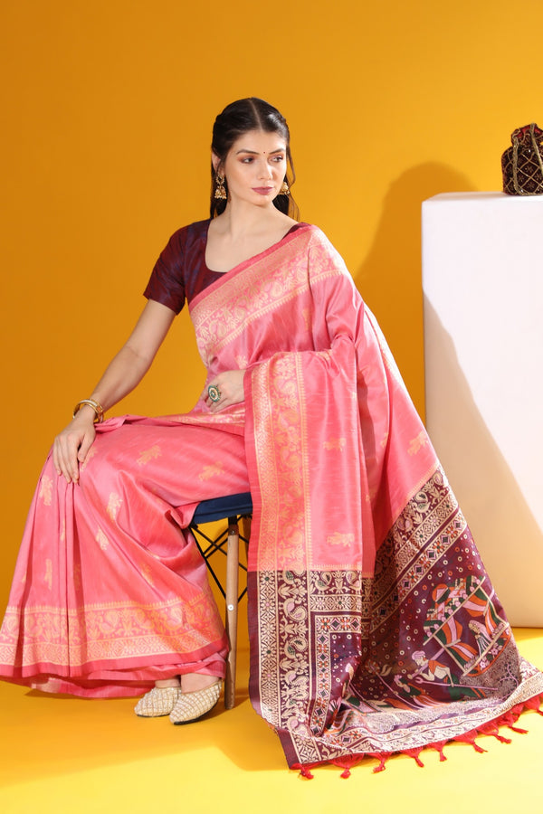 Punch Pink Woven Handloom Silk Saree