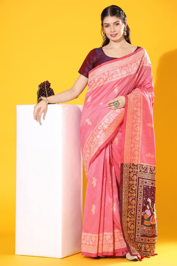 Punch Pink Woven Handloom Silk Saree