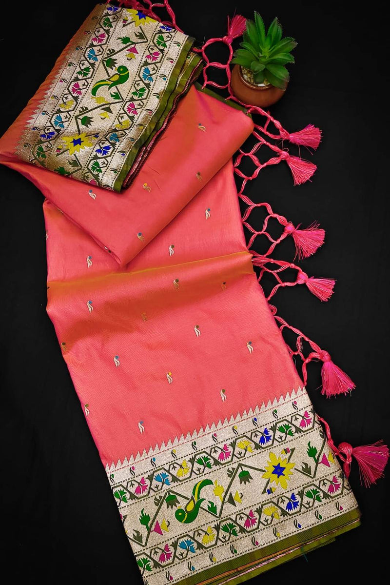 Coral Pink Woven Paithani Silk Saree