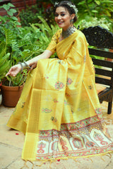 Bright Yellow Soft Tussar Silk Kalamkari Printed Saree