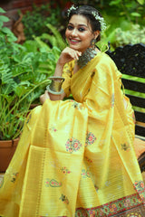 Bright Yellow Soft Tussar Silk Kalamkari Printed Saree