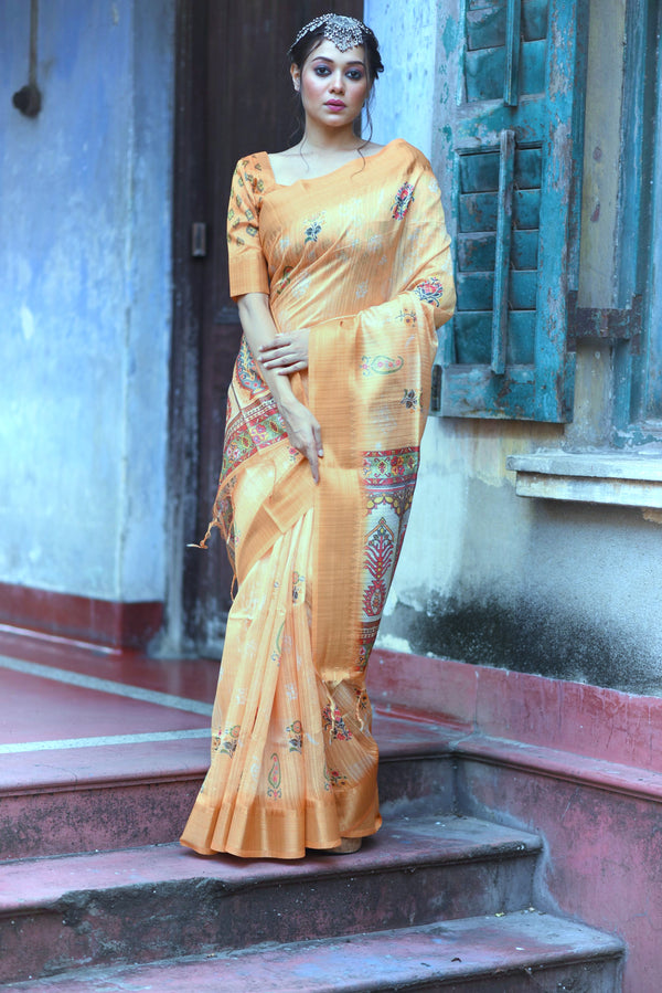 Orange Soft Tussar Silk Kalamkari Printed Saree