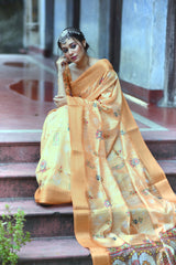 Orange Soft Tussar Silk Kalamkari Printed Saree
