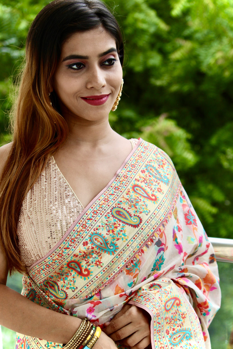 Cream Beige Pashmina Modal Silk Saree