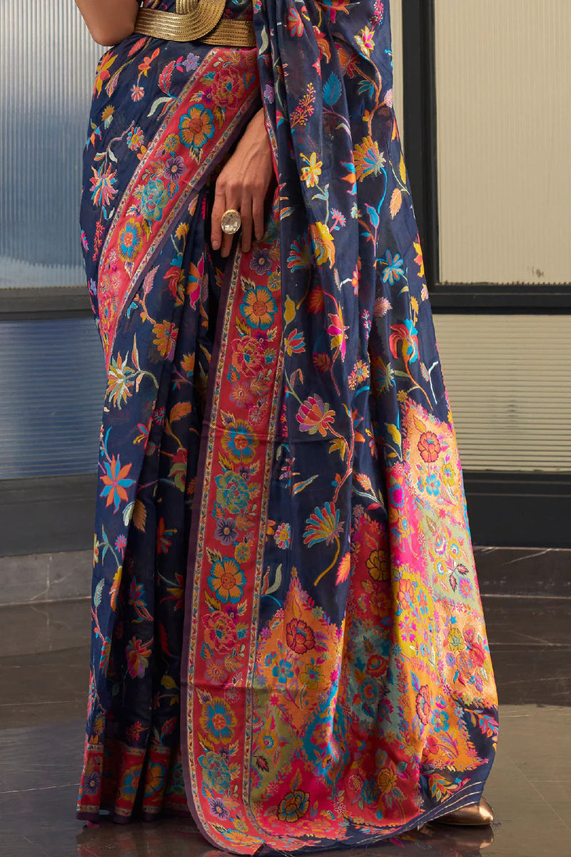Denim Blue Modal Silk Kashmiri Weaving Saree