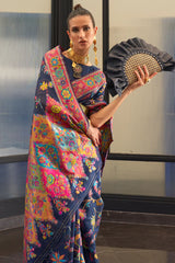Denim Blue Modal Silk Kashmiri Weaving Saree