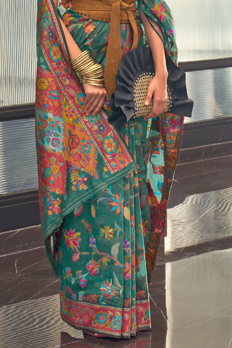 Teal Green Modal Silk Kashmiri Weaving Saree