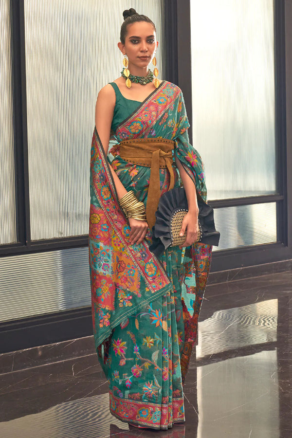 Teal Green Modal Silk Kashmiri Weaving Saree