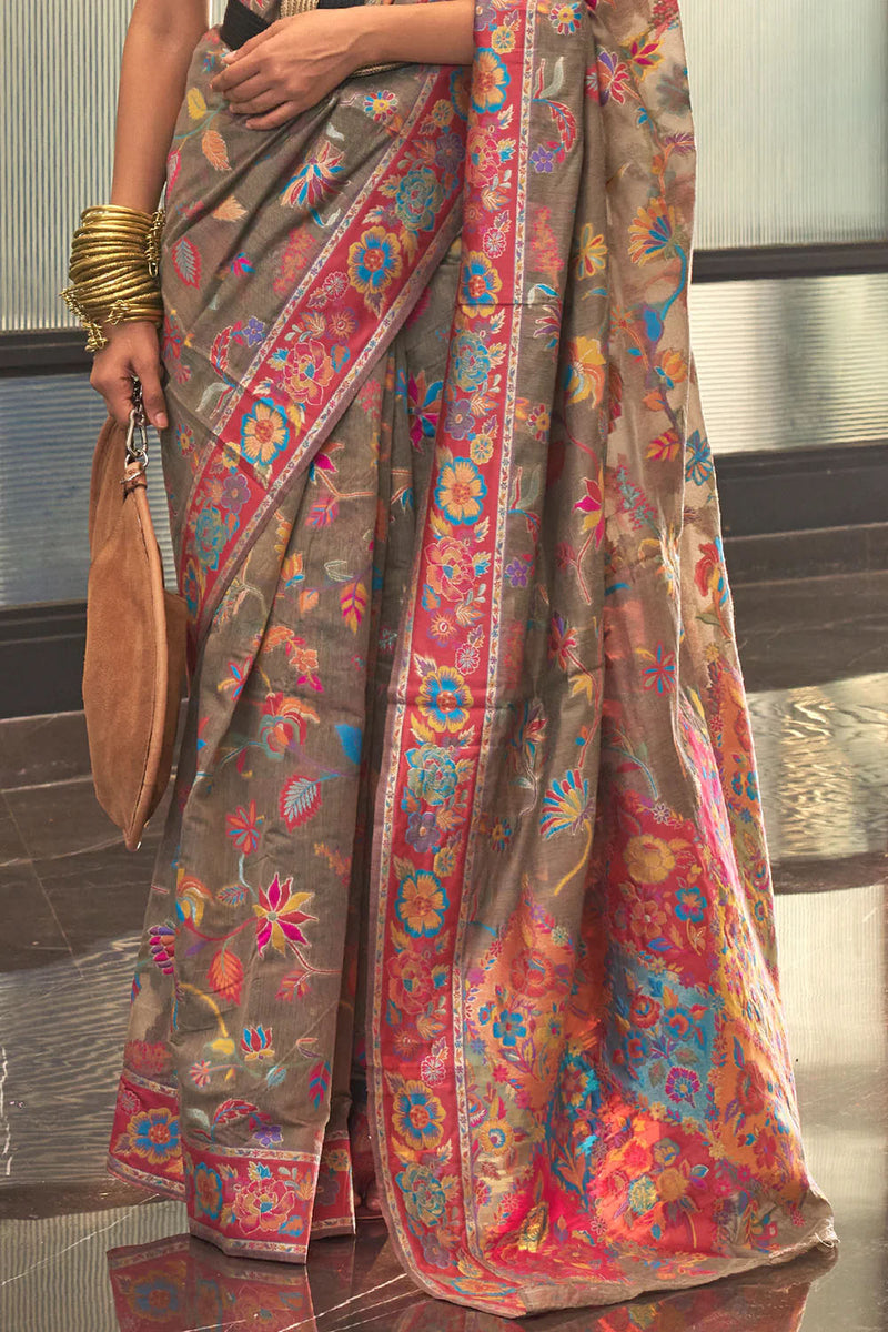 Pewter Grey Modal Silk Kashmiri Weaving Saree