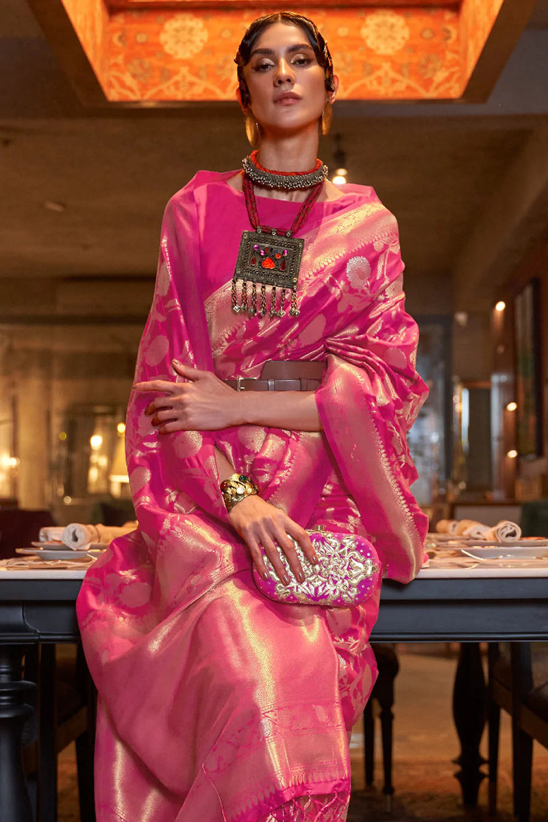Ruby Pink Woven Kanjivaram Silk Saree