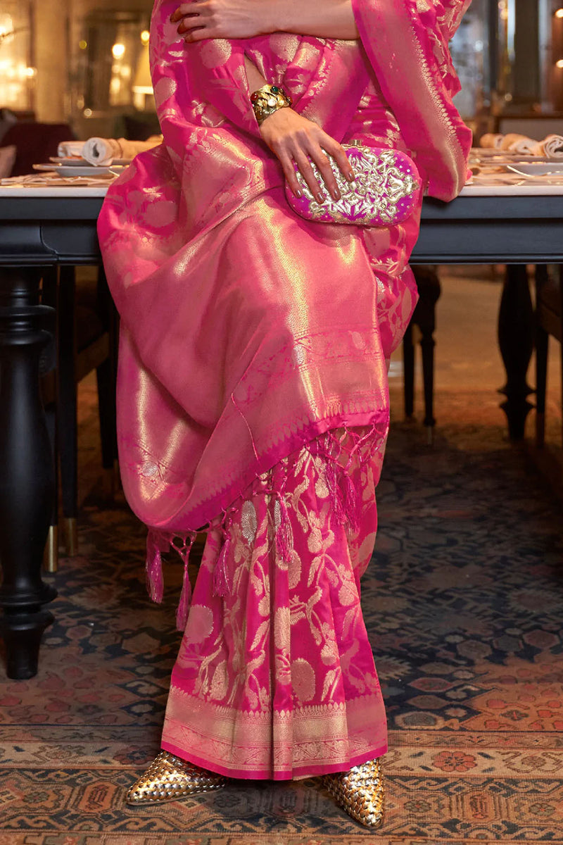 Ruby Pink Woven Kanjivaram Silk Saree