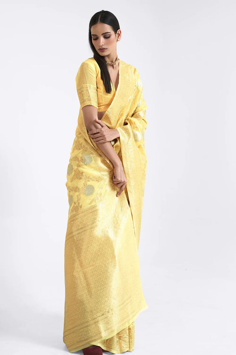 Yellow Linen Silk Saree