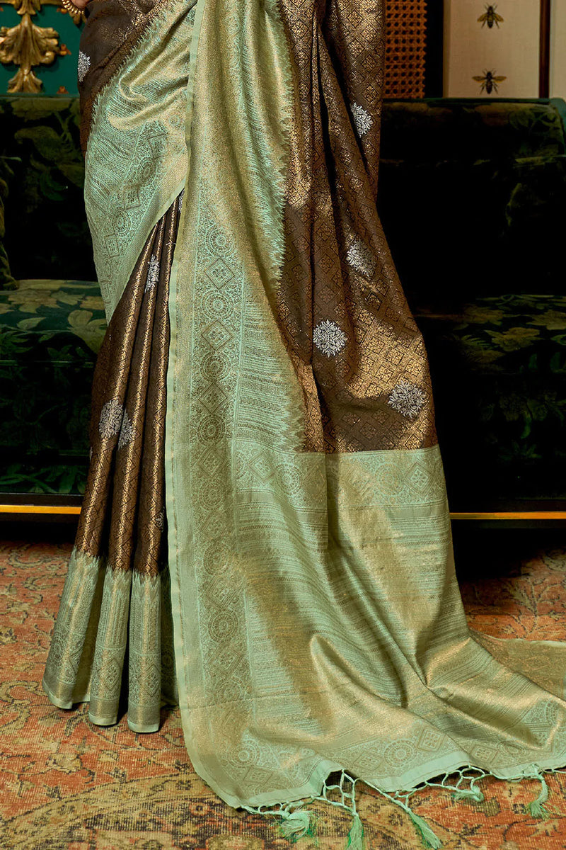 Mint Green And Brown Kanjivaram Silk Saree