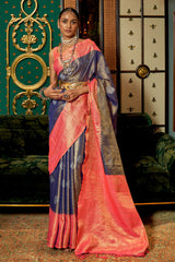 Thulian Pink And Blue Kanjivaram Silk Saree
